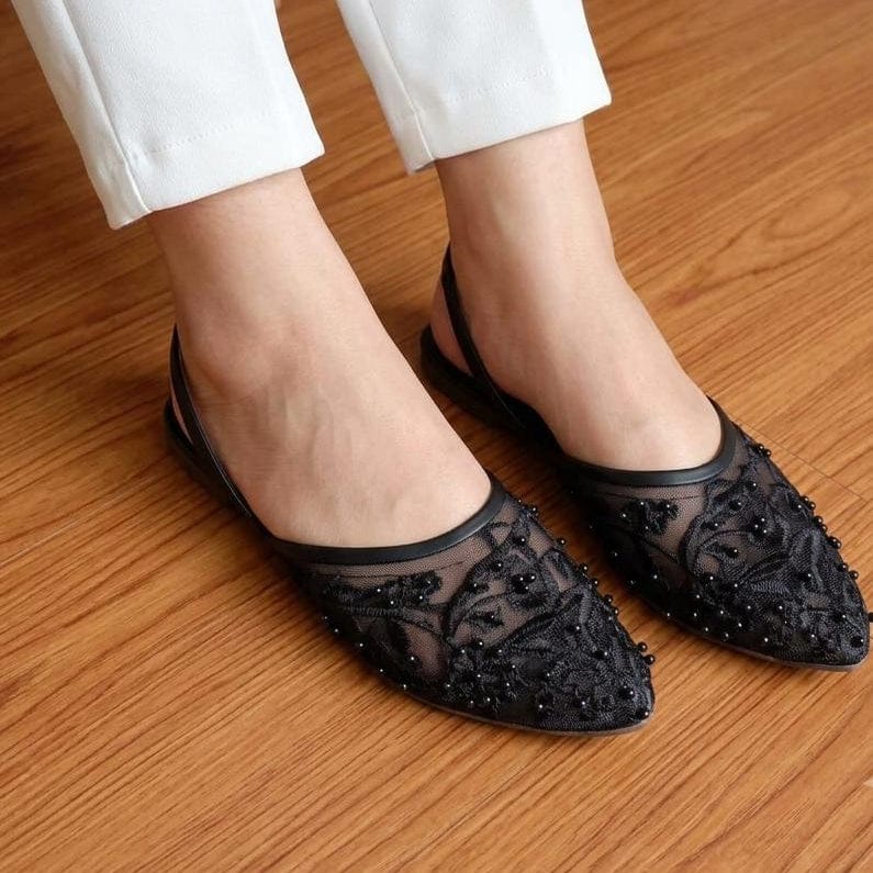 Black Lace Pearl Slingback Pointed Pumps - SH Collection