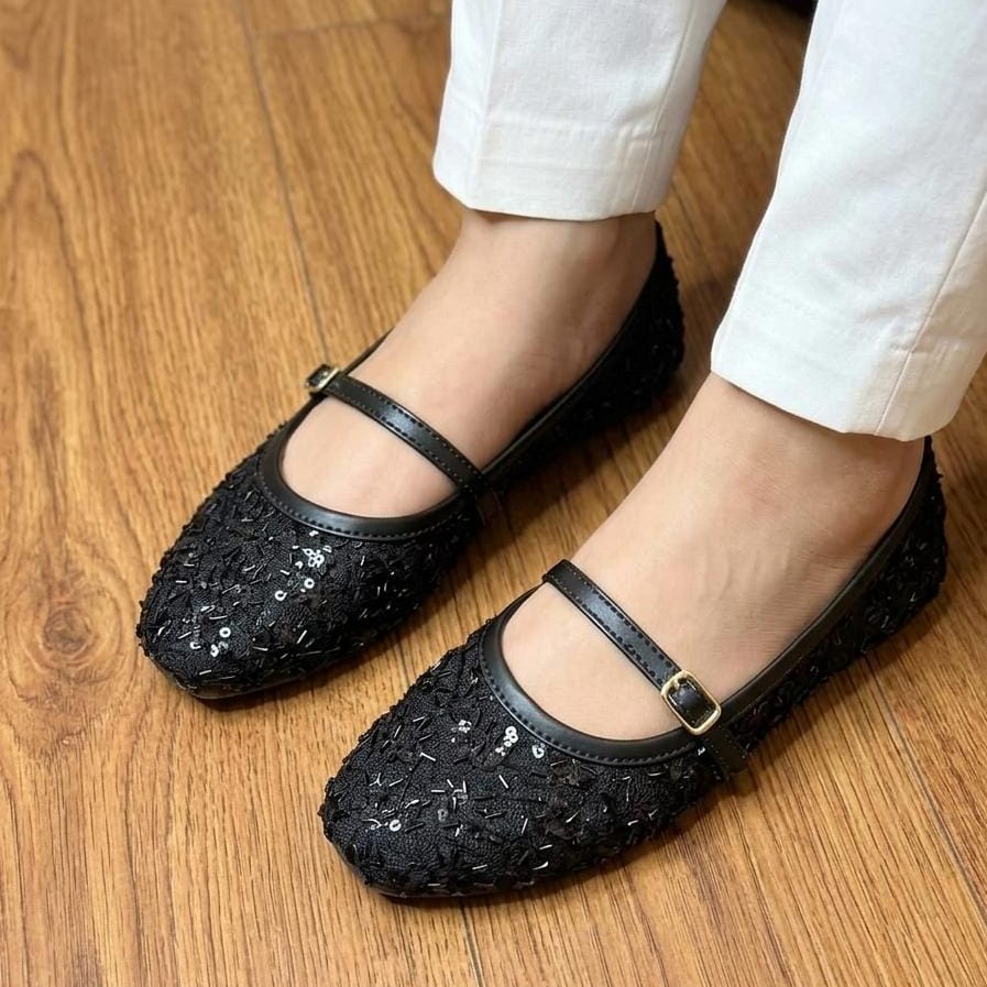 Black Sequin Beaded Mary Jane Pumps - SH Collection