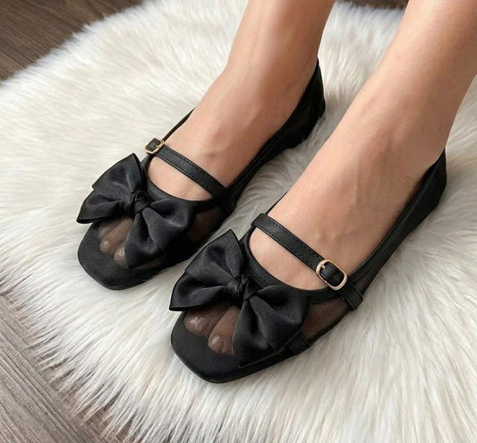 Bold Net Pumps with Mesh Bow and Ankle Strap - Black - SH Collection