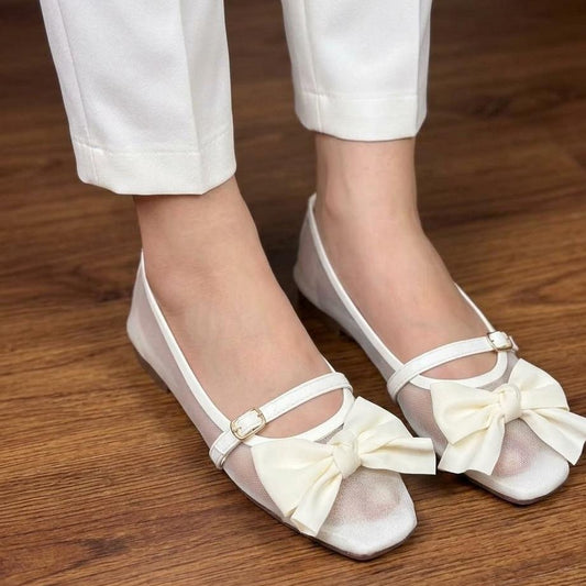 Bold Net Pumps with Mesh Bow and Ankle Strap - White - SH Collection