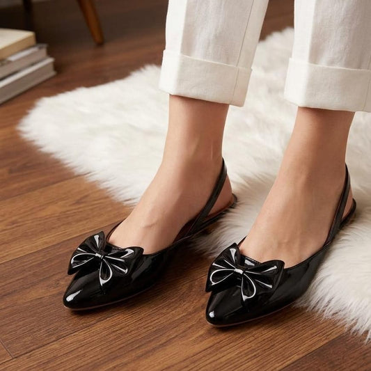 Bow Patent Slingback Pointed Flats - Black - SH Collection