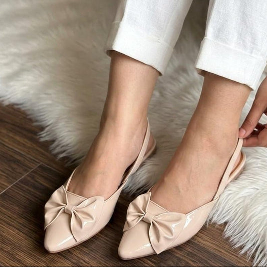Bow Patent Slingback Pointed Flats - Cream - SH Collection