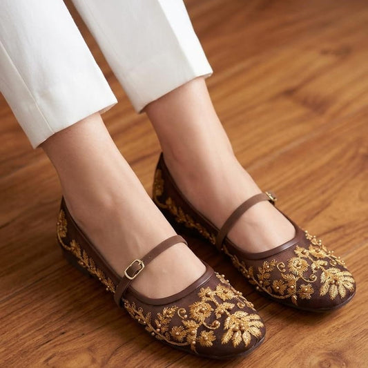 Brown Gold Zardozi Embroidered Net Mary Jane Pumps - SH Collection