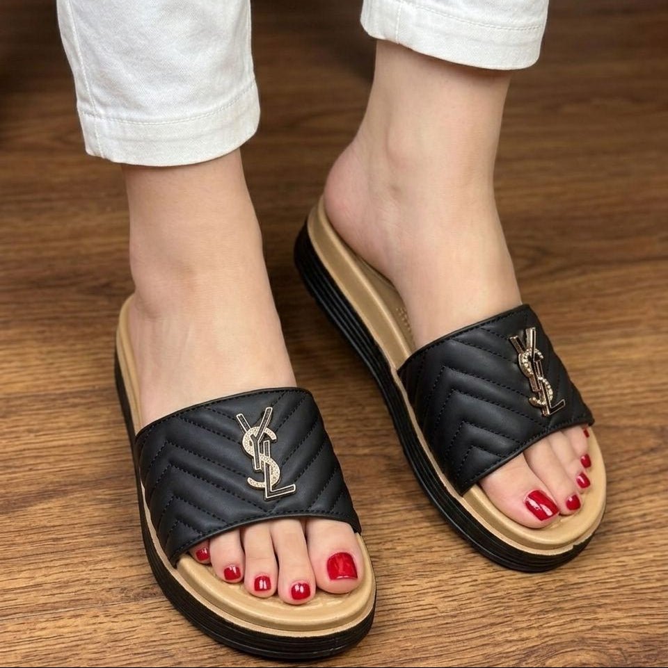 Chevron Quilted Platform Slippers with Gold Charm - Black - SH Collection