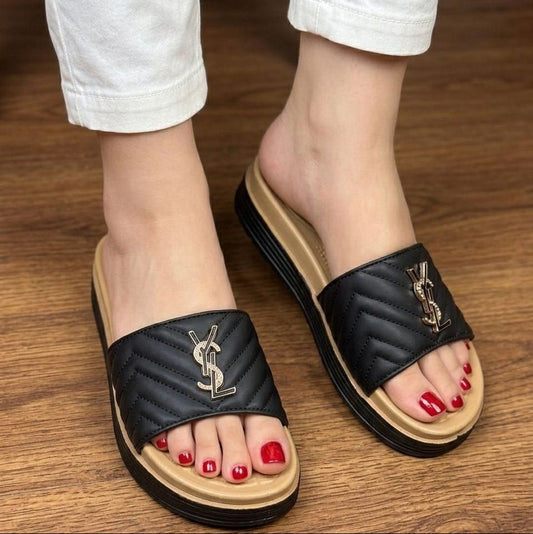 Chevron Quilted Platform Slippers with Gold Charm - Black - SH Collection