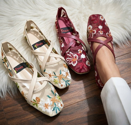 Cross Strap Floral Mesh Flats - Light Skin - SH Collection