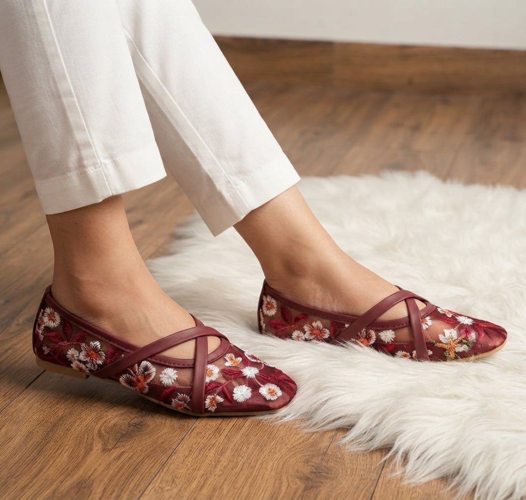 Cross Strap Floral Mesh Flats - Light Skin - SH Collection