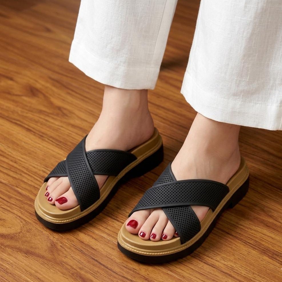 Crossover Strap Platform Slippers - Black - SH Collection
