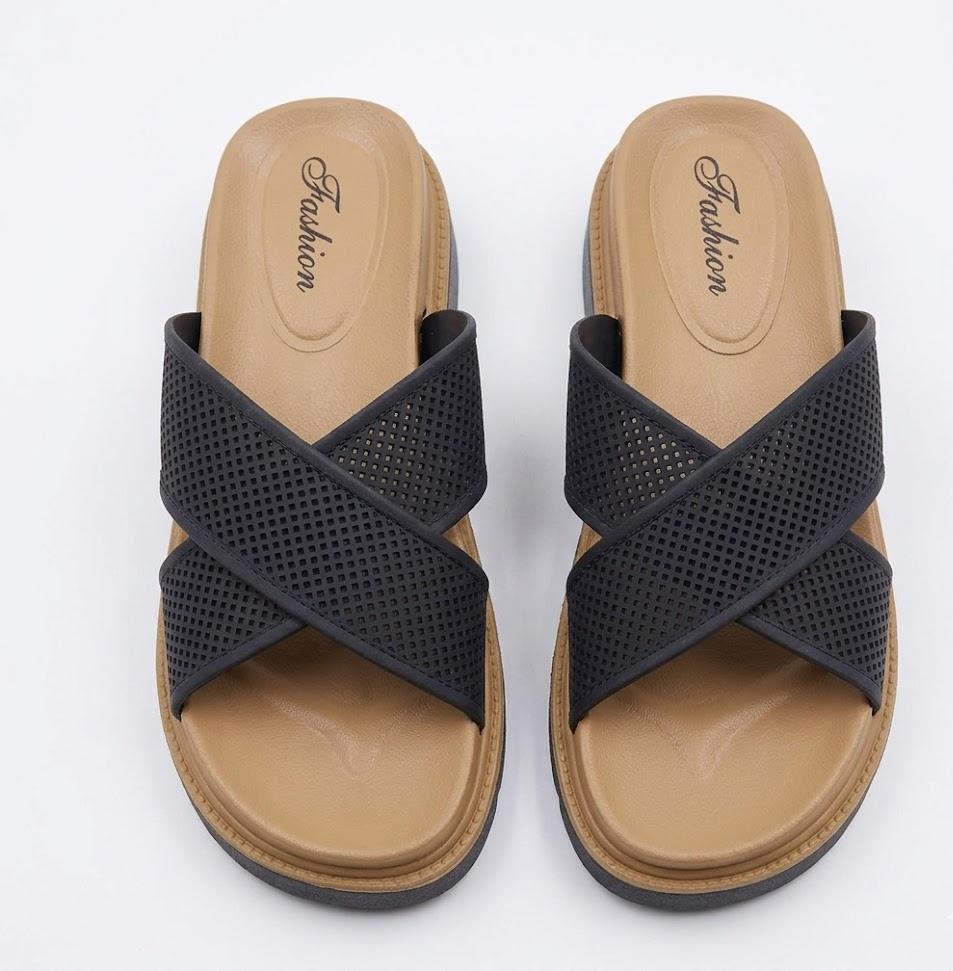 Crossover Strap Platform Slippers - Black - SH Collection