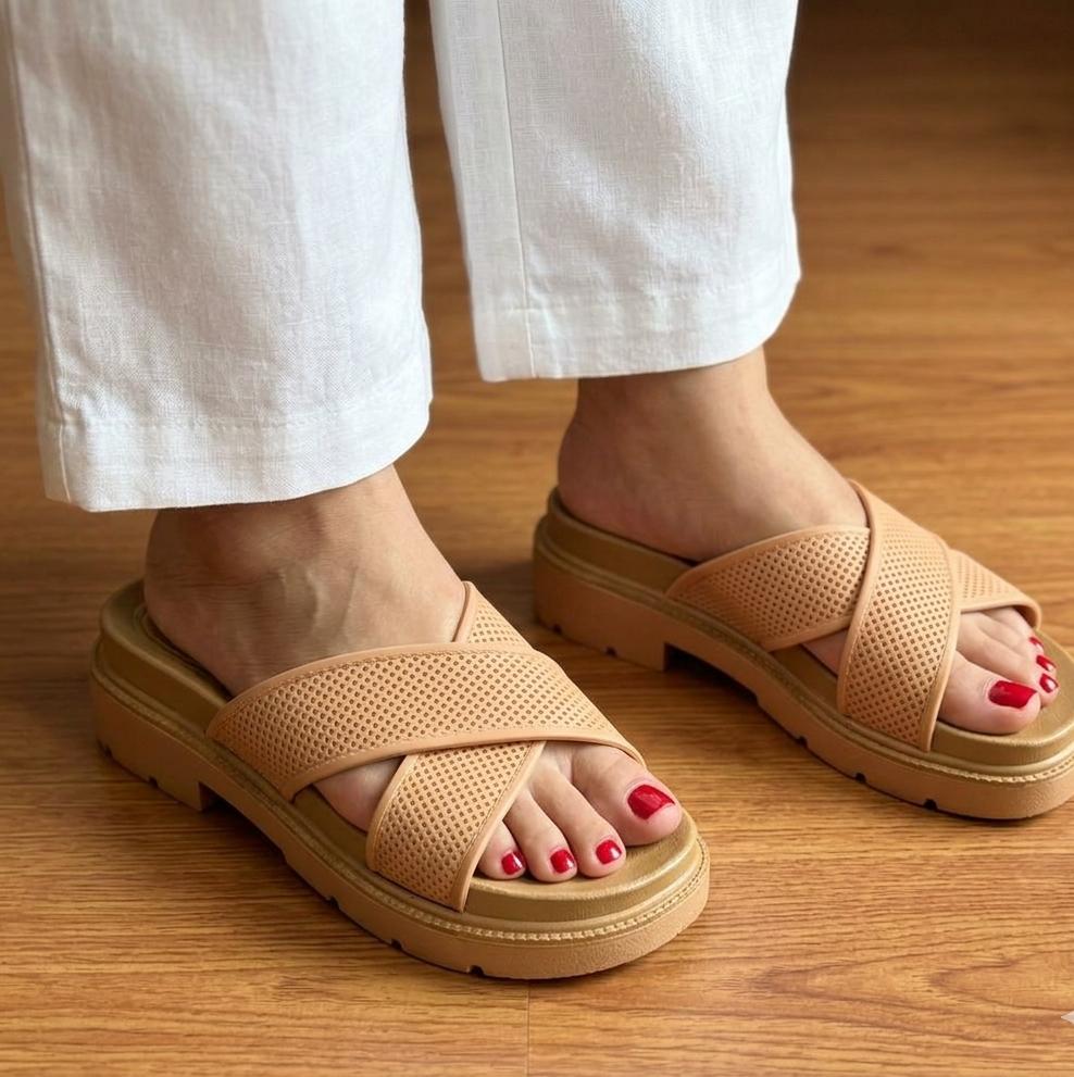 Crossover Strap Platform Slippers - Tan - SH Collection
