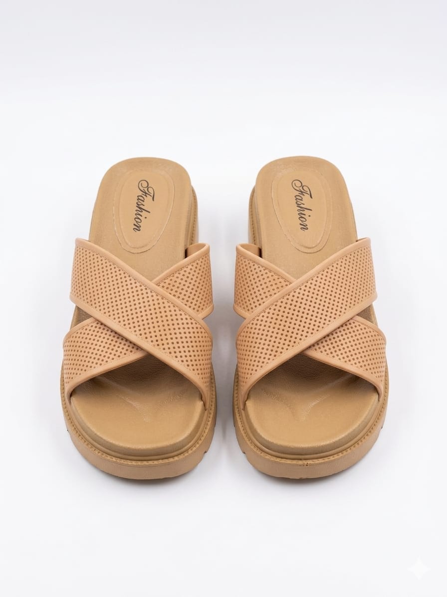 Crossover Strap Platform Slippers - Tan - SH Collection