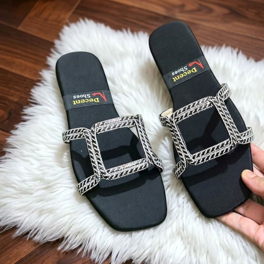 Double Rhinestone Rope Strap Flat Slides - Black - SH Collection
