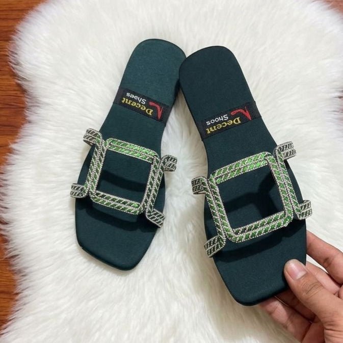Double Rhinestone Rope Strap Flat Slides - Green - SH Collection
