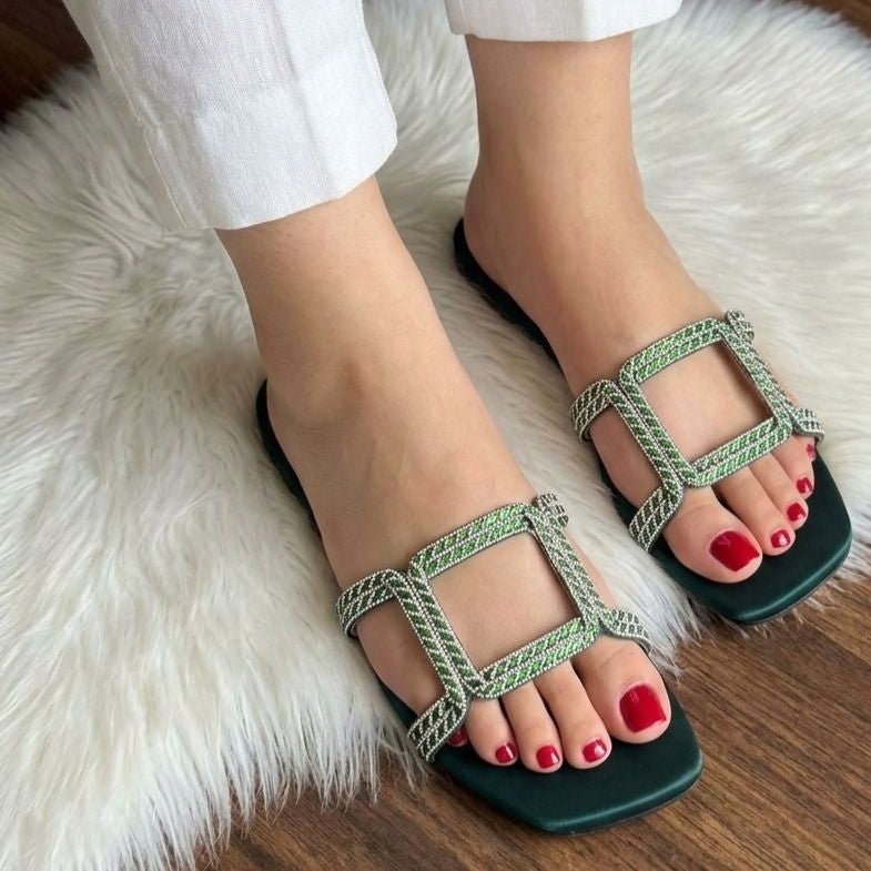 Double Rhinestone Rope Strap Flat Slides - Green - SH Collection