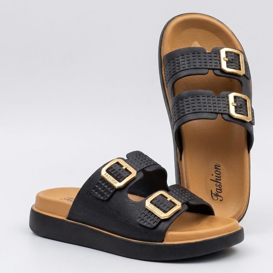 Double Strap Gold Buckle Platform Slippers - Black - SH Collection