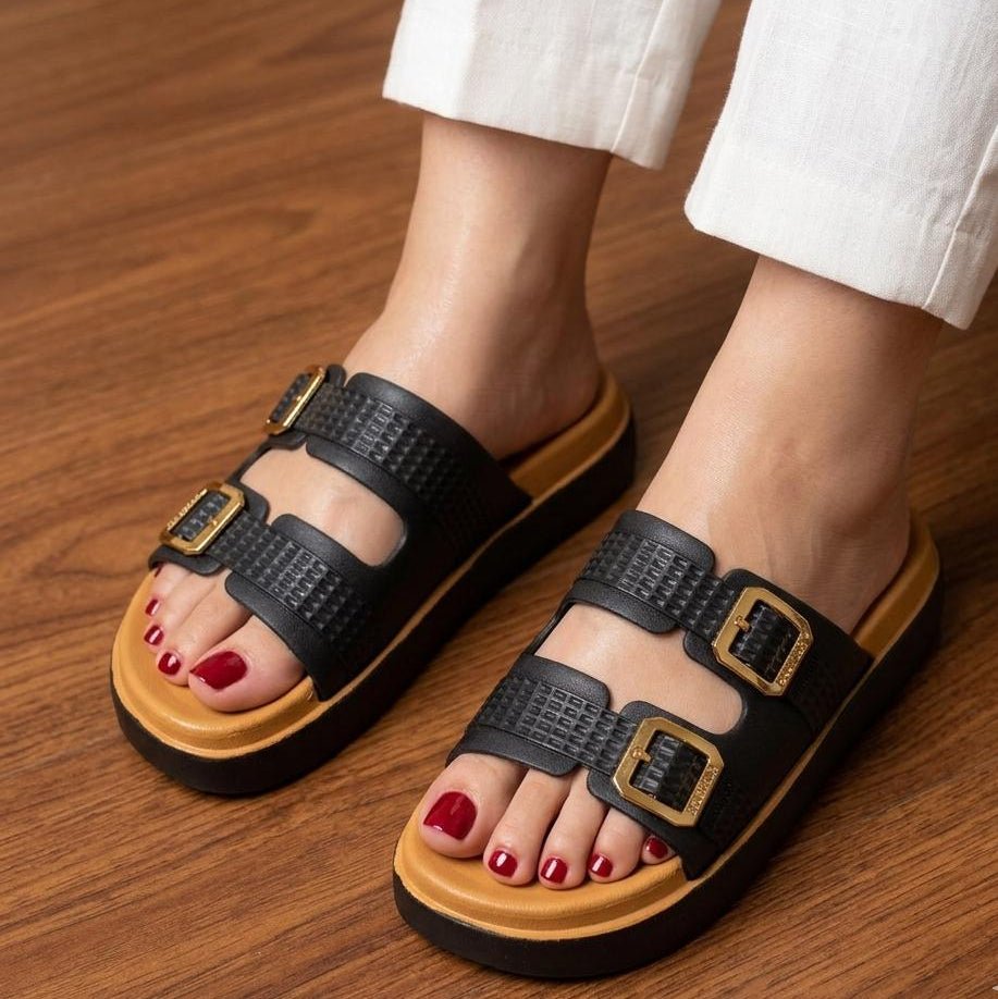 Double Strap Gold Buckle Platform Slippers - Black - SH Collection