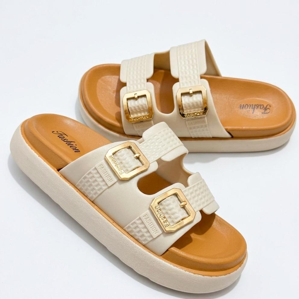 Double Strap Gold Buckle Platform Slippers - Cream - SH Collection