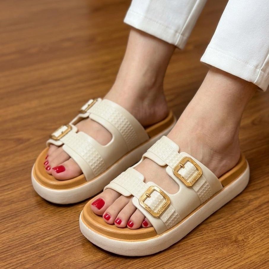 Double Strap Gold Buckle Platform Slippers - Cream - SH Collection