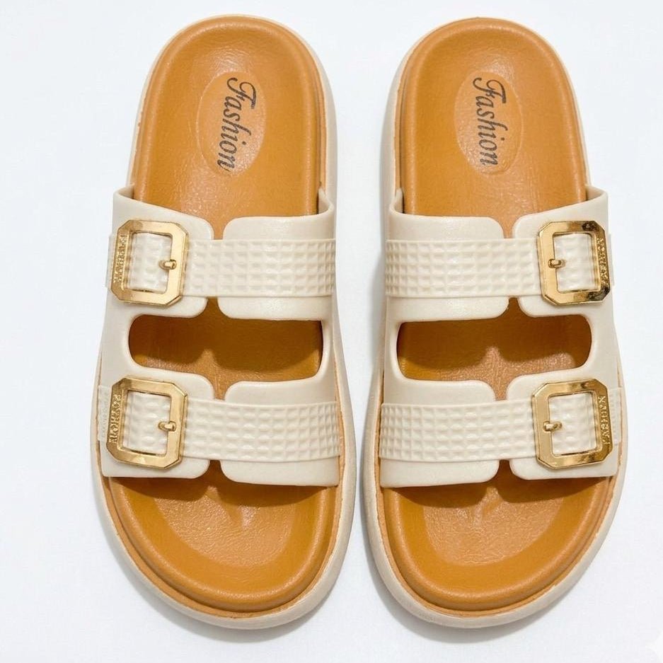 Double Strap Gold Buckle Platform Slippers - Cream - SH Collection