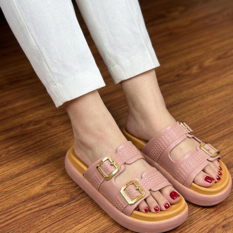 Double Strap Gold Buckle Platform Slippers - Pink - SH Collection