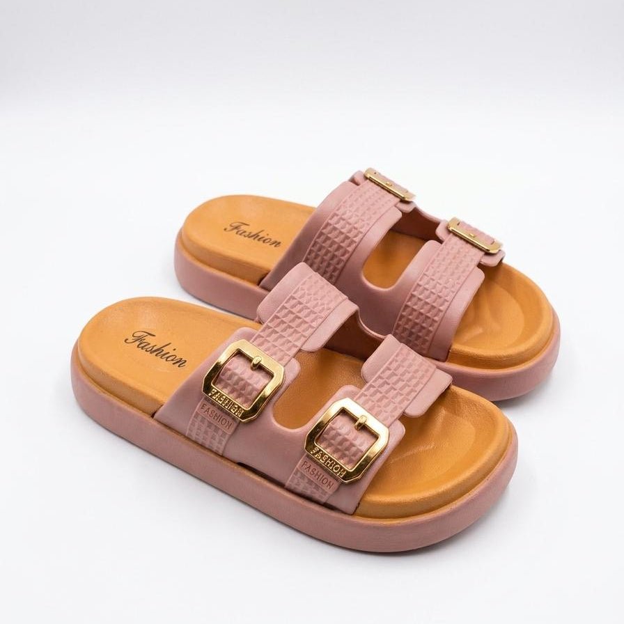 Double Strap Gold Buckle Platform Slippers - Pink - SH Collection
