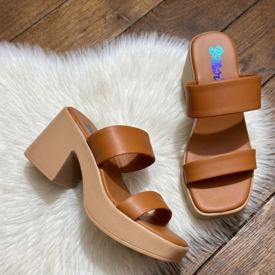 Double Strap Platform Block Heel Slides - Mustard - SH Collection