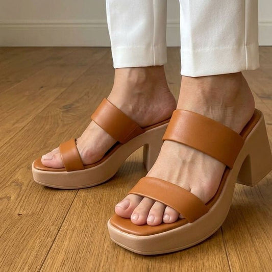 Double Strap Platform Block Heel Slides - Mustard - SH Collection