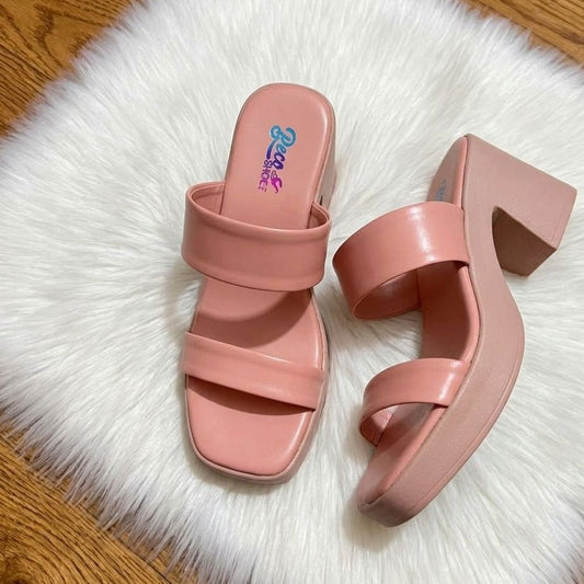 Double Strap Platform Block Heel Slides - Pink - SH Collection