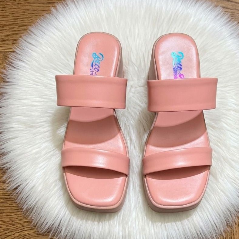 Double Strap Platform Block Heel Slides - Pink - SH Collection