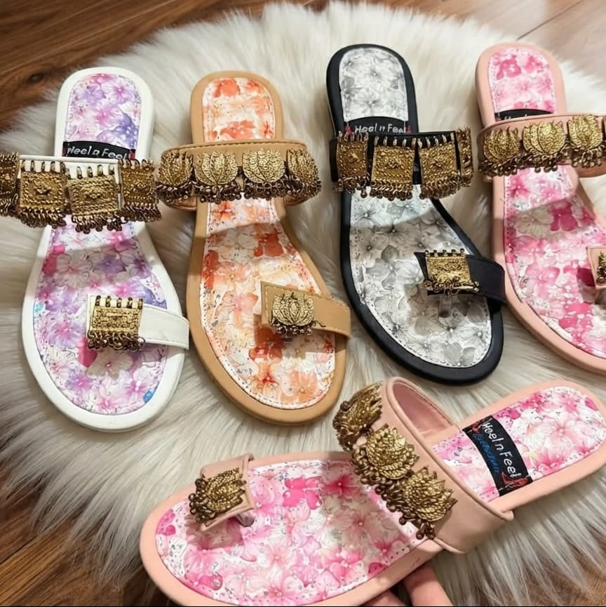 Ethnic Gold Charm Double Strap Flat Slides - 4 colors - SH Collection