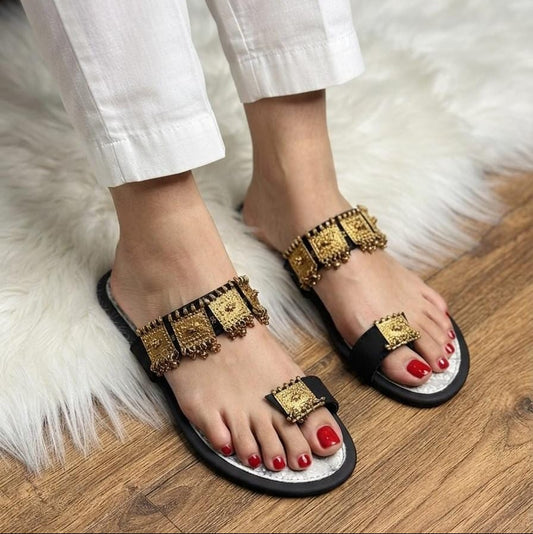 Ethnic Gold Charm Double Strap Flat Slides - 4 colors - SH Collection