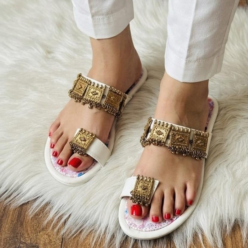 Ethnic Gold Charm Double Strap Flat Slides - 4 colors - SH Collection