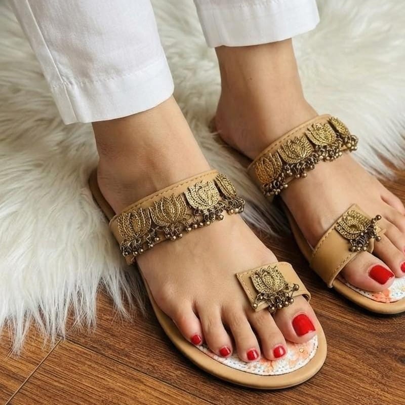 Ethnic Gold Charm Double Strap Flat Slides - 4 colors - SH Collection
