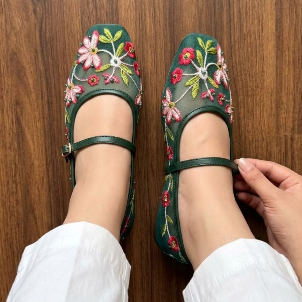 Floral Embroidered Ballet Flats - Green - SH Collection