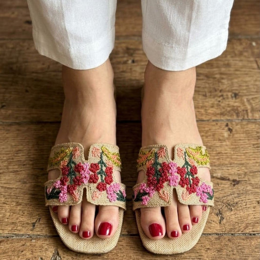 Floral Embroidered H-Strap Flat Sandals - Beige - SH Collection