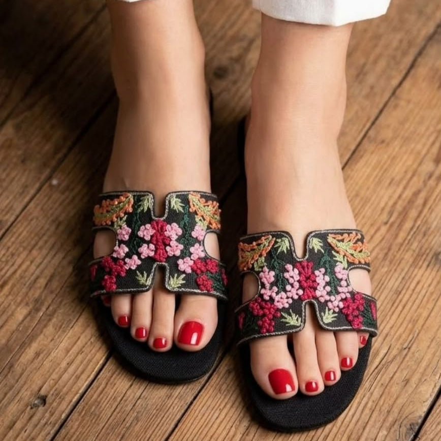 Floral Embroidered H-Strap Flat Sandals - Black - SH Collection