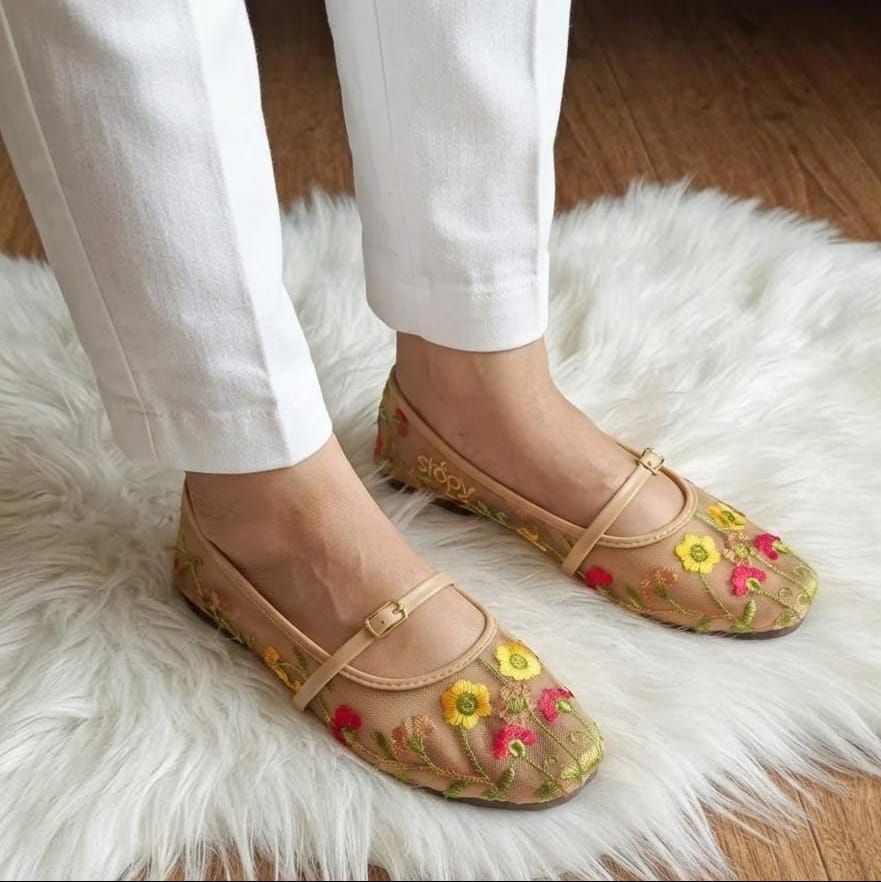 Floral Embroidered Mesh Mary Jane Flats - 4 Colors - SH Collection