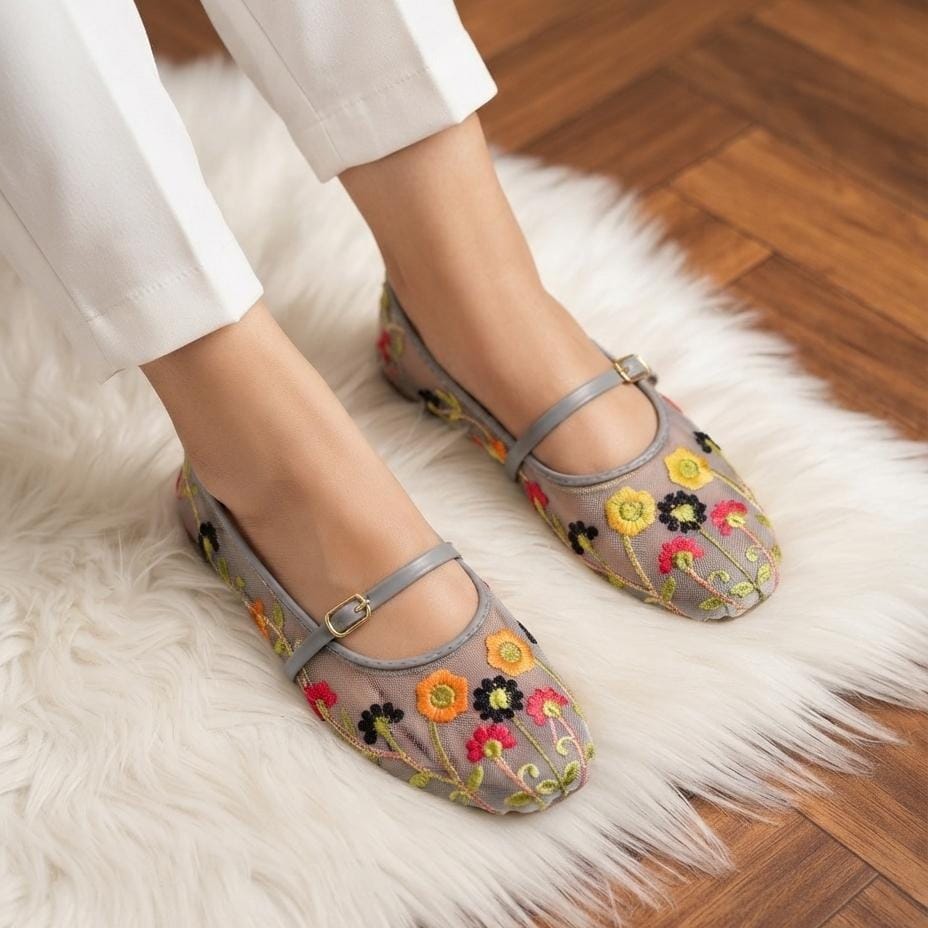 Floral Embroidered Mesh Mary Jane Flats - 4 Colors - SH Collection