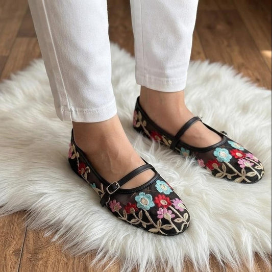 Floral Embroidered Mesh Mary Jane Flats - 4 Colors - SH Collection