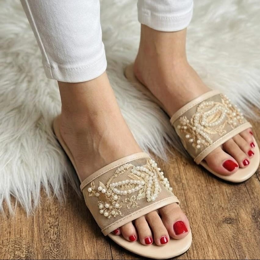 Floral Embroidered Mesh Wide Strap Flat Slides - 3 Colors - SH Collection