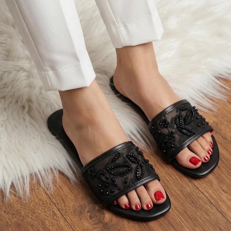 Floral Embroidered Mesh Wide Strap Flat Slides - 3 Colors - SH Collection