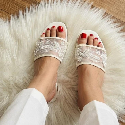 Floral Embroidered Mesh Wide Strap Flat Slides - 3 Colors - SH Collection