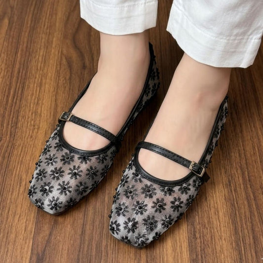 Floral Embroidered Pearl Mesh Ballet Flats - Black - SH Collection