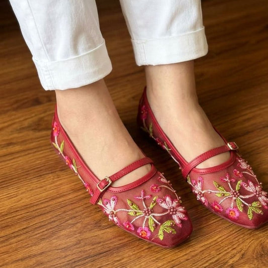 Floral Embroidered Pearl Mesh Ballet Flats - Maroon - SH Collection