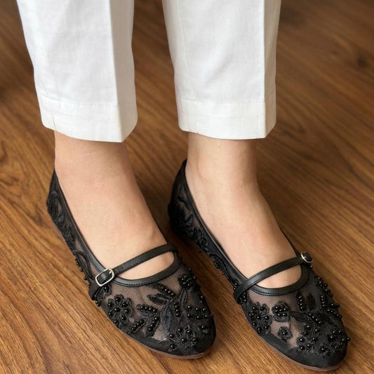 Floral Embroidered Pearl Mesh Ballet Flats with Ankle Strap - SH Collection