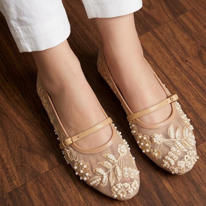 Floral Embroidered Pearl Mesh Ballet Flats with Ankle Strap - SH Collection