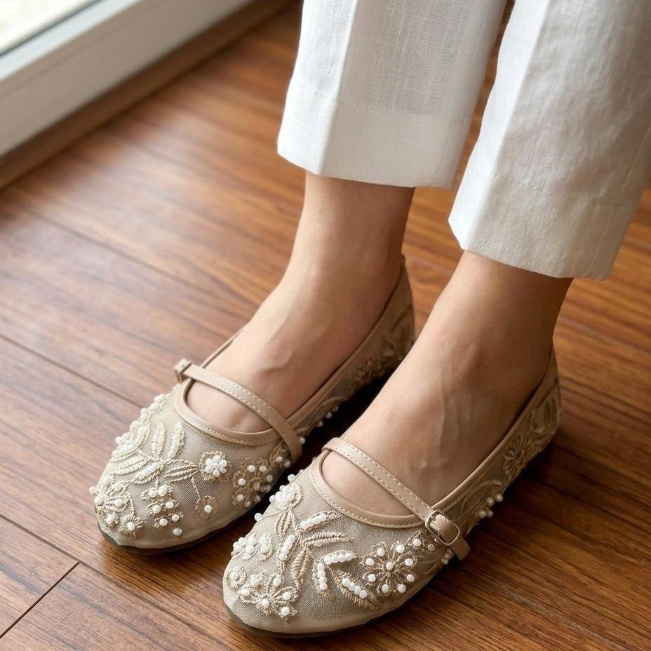 Floral Embroidered Pearl Mesh Ballet Flats with Ankle Strap - SH Collection