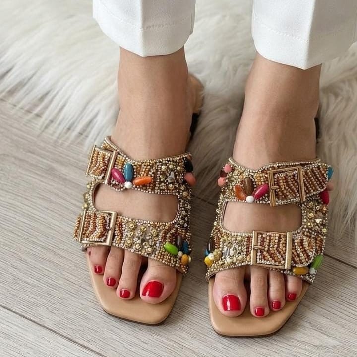 Gemstone & Bead Embellished Double Buckle Flat Slides - 2 colors - SH Collection