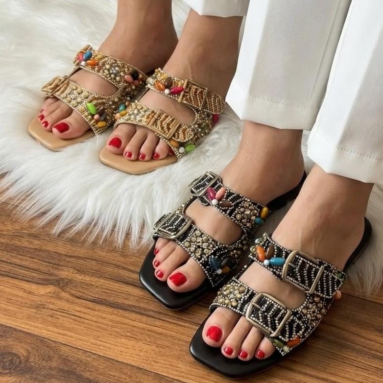 Gemstone & Bead Embellished Double Buckle Flat Slides - 2 colors - SH Collection