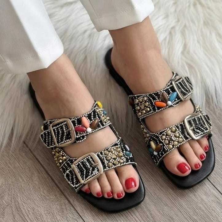 Gemstone & Bead Embellished Double Buckle Flat Slides - 2 colors - SH Collection